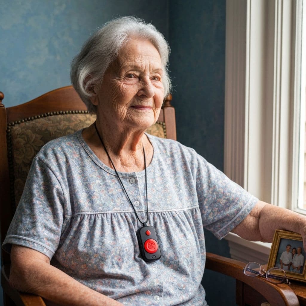 Idosa com pendente SOS em casa